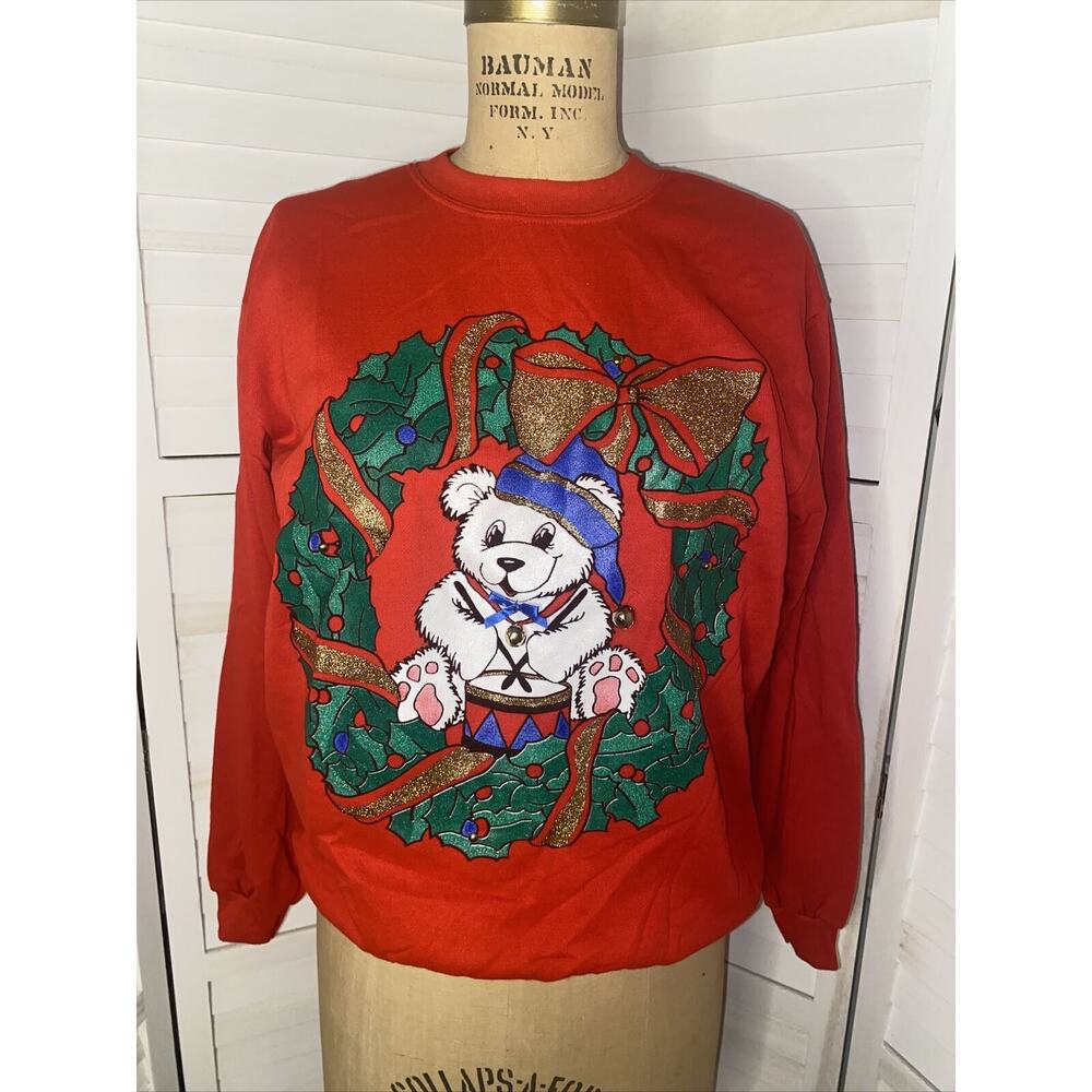 NWT Vintage 80s Holiday Christmas Raglan Sweatshirt Made In USA Size Medium